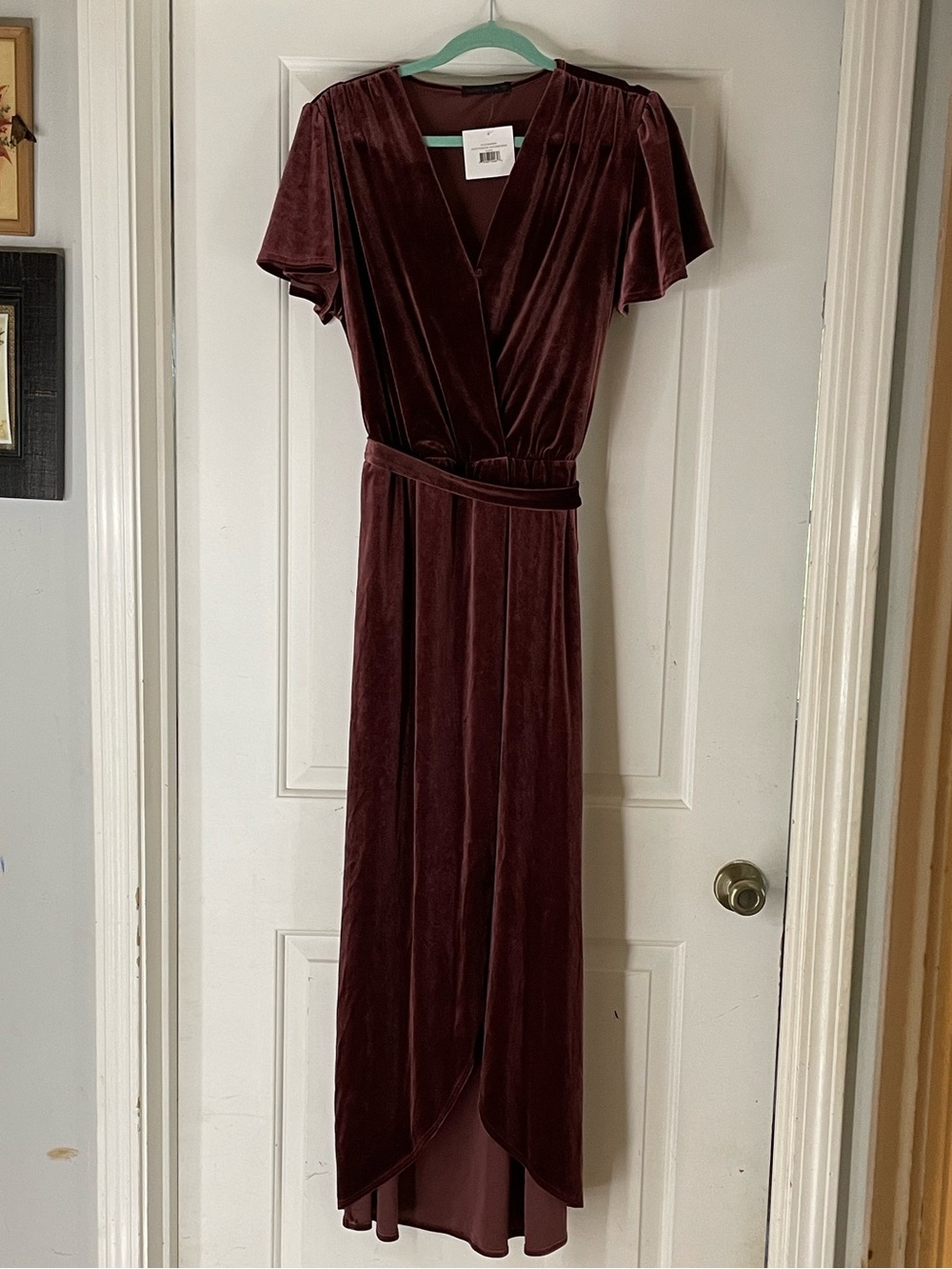 Velvet High-Low Faux Wrap Dress in Berry